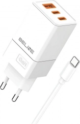 Chargeur secteur 65W GaN 2x USB‑C + USB‑A avec câble USB‑C – Blanc