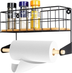 Support mural pour essuie-tout avec étagère, métal noir