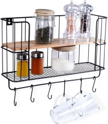 Étagère murale de cuisine avec crochets 41 × 12 × 25,5 cm, métal et bois