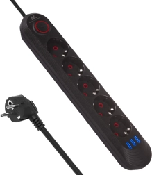 Multiprise parasurtension avec 5 prises et 3× USB, 2500 W, noir