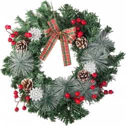 Couronne de Noël avec pommes de pin, baies rouges et ruban à carreaux 30 cm