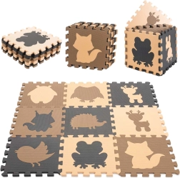 Tapis puzzle éducatif en mousse avec animaux, beige, 85 × 85 cm, 9 pièces