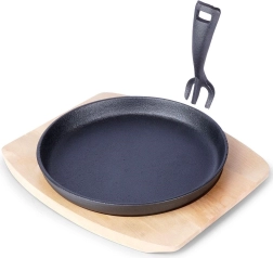 Poêle de service en fonte avec planche en bois 22 cm, ensemble 2 pièces