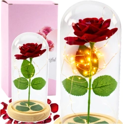 Rose rouge éternelle sous cloche en verre avec éclairage LED