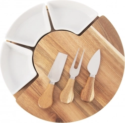 Plateau à fromage rotatif en acacia avec 3 bols et 3 couteaux, set de 7 pièces
