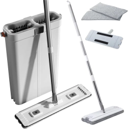 Set de nettoyage avec mop plat et seau à deux compartiments en microfibre
