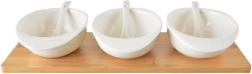 Petits bols en porcelaine avec cuillères sur plateau en bambou WHITELINE, ensemble de 7 pièces, 32 cm