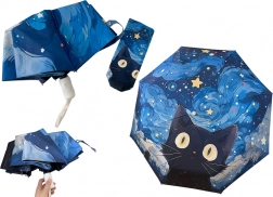 Parapluie pliant automatique bleu avec motif de chat