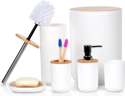 Ensemble de salle de bains blanc 6 pièces avec détails en bambou