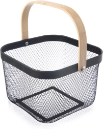 Panier de rangement en métal noir avec poignée en bambou RADKA 27 × 24,5 × 17,5 cm