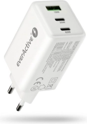 Chargeur secteur everActive GaN 65W avec USB et 2× USB‑C PD PPS QC4+, blanc