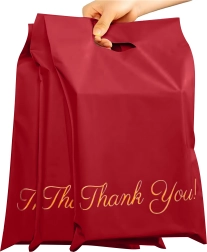 Enveloppes plastiques de coursier rouges avec poignée découpée 310 × 420 + 70 mm, 50 pcs, inscription Thank You