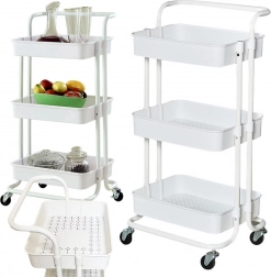 Étagère métallique mobile à trois niveaux avec étagères profondes – blanche