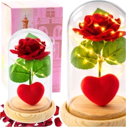 Rose rouge éternelle sous cloche en verre avec éclairage LED et petit cœur