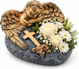 Jardinière de cimetière en ciment en forme de cœur avec ange, gris foncé et doré, 16 × 17,5 × 11 cm