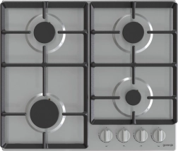Table de cuisson à gaz en inox avec 4 brûleurs et grilles en fonte