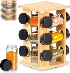 Support à épices rotatif en bambou avec bocaux en verre, 13 pièces