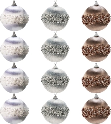 Set de boules de Noël incassables blanches, argentées et champagne 8 cm – 12 pcs