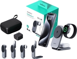 Chargeur sans fil magnétique 3‑en‑1 AUKEY MagFusion, Qi2 15 W, gris