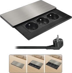 Solight bloc de prises encastrable avec couvercle coulissant, 3 prises, 2 m, argenté - 1 pièce