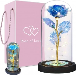 Rose éternelle sous cloche en verre avec éclairage LED – lampe décorative bleue et arrangement cadeau