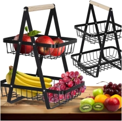 Panier à fruits métallique à deux niveaux avec poignée en bois