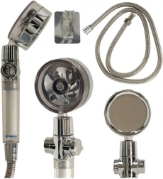 Pommeau de douche argenté avec turbine et tuyau