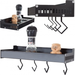 Étagère murale en aluminium pour épices avec crochets, noire