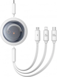 Câble rétractable de charge rapide 3‑en‑1 BASEUS Free2Draw, USB‑C vers USB‑C/Lightning/Micro, 100 W, 1,1 m, blanc