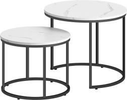 Ensemble de 2 tables basses rondes au décor marbre avec pieds noirs