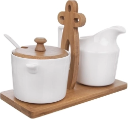Sucrier et pot à lait en porcelaine WHITELINE sur support en bambou 2× 280 ml, ensemble 3 pièces