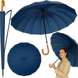 Grand parapluie long automatique à 24 baleines, bleu marine, 115 cm avec étui bandoulière