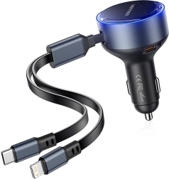 Vention chargeur voiture avec port USB‑C et câbles intégrés USB‑C/Lightning 60 W