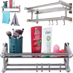 Étagère murale de salle de bain avec crochets et double barre à serviettes, aluminium, argentée