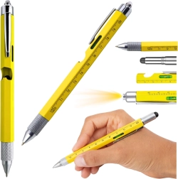 Stylo métallique multifonction 8‑en‑1 avec lampe LED et niveau à bulle – jaune