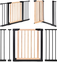 Barrière de sécurité pour escaliers et portes 74–130 cm, métal et bois, avec rallonges ECOTOYS