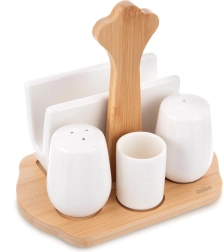 Salière et poivrière en porcelaine avec support et porte-serviettes WHITELINE, ensemble 5 pièces