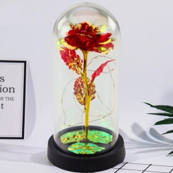 Rose cristalline éternelle sous cloche en verre avec éclairage LED rouge 21x11 cm