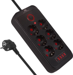 Multiprise parafoudre 6 prises avec USB-A et USB-C, 2500 W, noire