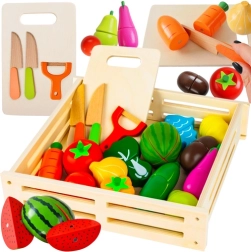 Set en bois de fruits et légumes à découper dans une caissette, 34 pièces
