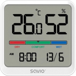 Thermomètre et hygromètre numériques SAVIO avec LCD, horloge et date, support magnétique – Blanc