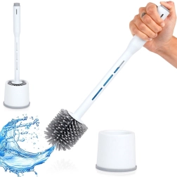 Brosse WC en silicone avec support et distributeur, blanche 40 cm