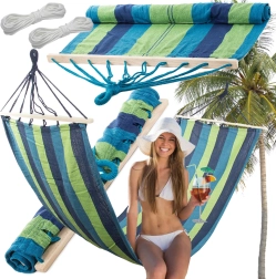 Hamac de jardin avec barres en bois, rayé, 200 × 80 cm