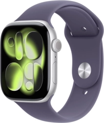 Apple Watch Series 11 GPS boîtier aluminium 46 mm argent avec bracelet sport violet lacté M/L