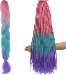 Cheveux synthétiques tressés ombré rose/turquoise/violet, 60 cm