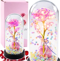 Rose éternelle rose sous cloche en verre avec éclairage LED, cœur et boules colorées