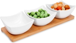 Petites coupelles en porcelaine blanche pour amuse-bouches avec plateau en bambou, 30 cm, set de 4 pièces