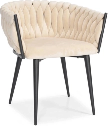 Fauteuil en velours Glamour beige avec pieds noirs et design tressé