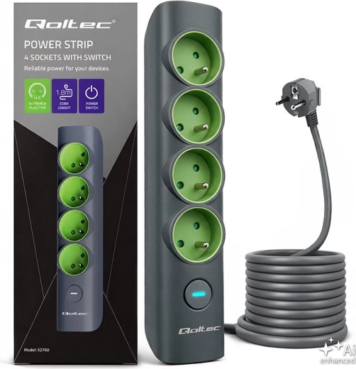 Rallonge électrique Qoltec avec 4 prises avec mise à la terre et interrupteur lumineux, 1,8 m