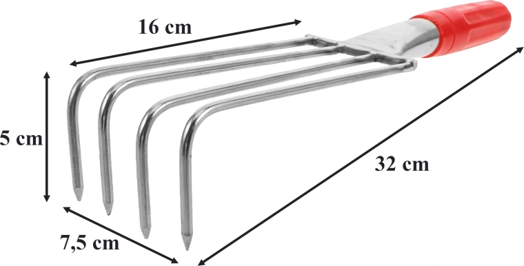 Cultivateur de jardin manuel (mini râteau) à 4 dents, 32 cm